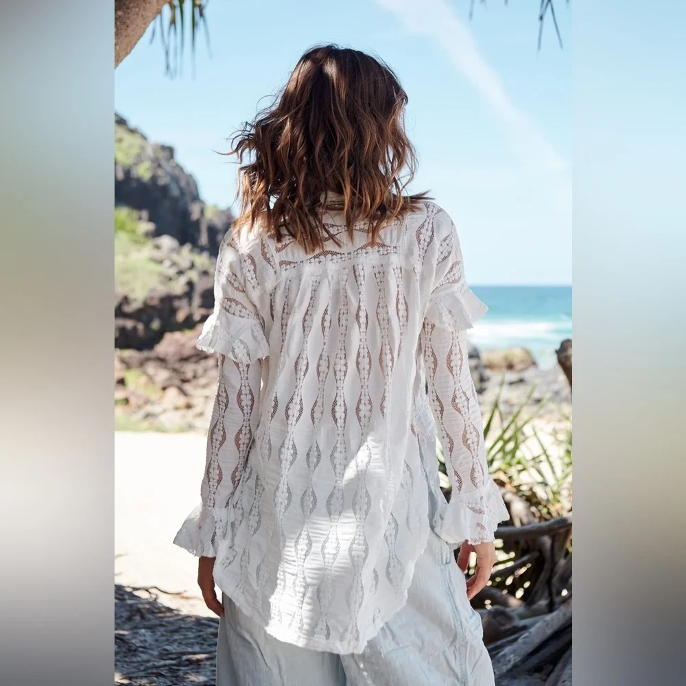 Free People Ivory Candy Shop Lace Long Sleeve Ruffle Boho Textured Tunic Top XS